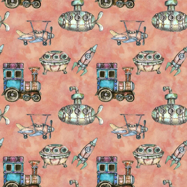 Watercolor Hand Drawn Artistic Retro Steampunk Vehicle Vintage Seamless Pattern — 스톡 사진