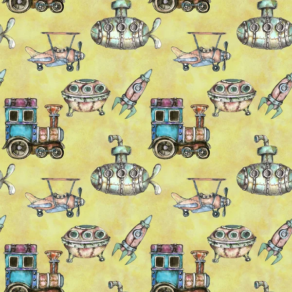 Watercolor Hand Drawn Artistic Retro Steampunk Vehicle Vintage Seamless Pattern — 스톡 사진
