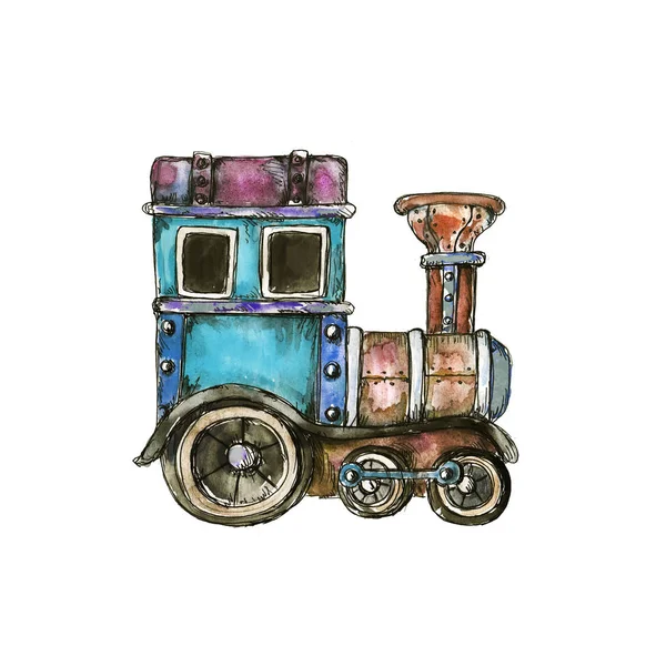 Watercolor Hand Drawn Artistic Retro Steampunk Vehicle Vintage Icon Isolated — 스톡 사진