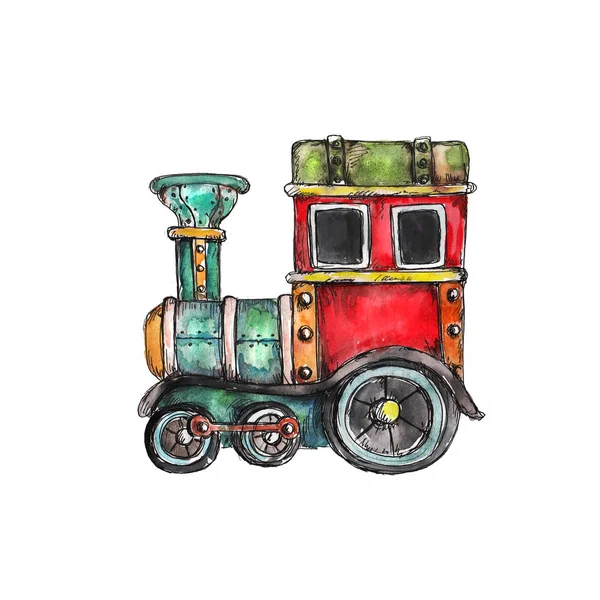 Akvarell Kézzel Rajzolt Művészi Retro Steampunk Jármű Vintage Ikon Elszigetelt — Stock Fotó