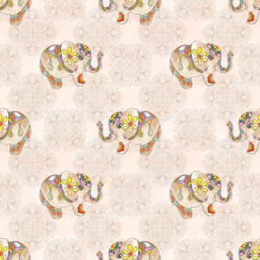 Suluboya el, sanatsal retro Hint süslemeli bebek fil, dikdörtgen desenli.