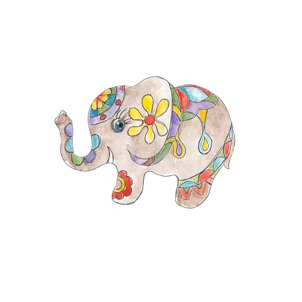 Watercolor Hand Drawn Artistic Retro Indian Ornated Baby Elephant Vintage — Stock Photo, Image