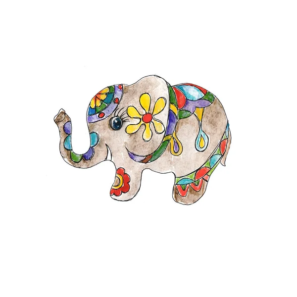 Watercolor Hand Drawn Artistic Retro Indian Ornated Baby Elephant Vintage — 스톡 사진
