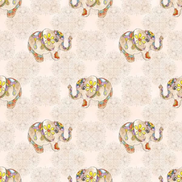 Acuarela Dibujado Mano Artístico Retro Indio Adornado Bebé Elefante Vintage — Foto de Stock