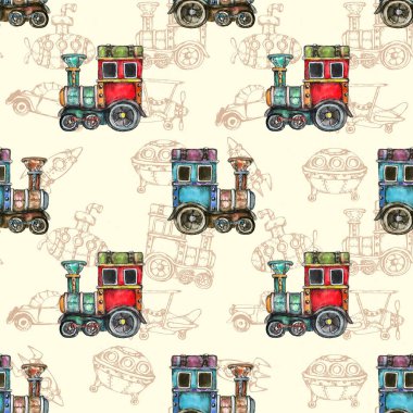Suluboya el sanatsal retro steampunk araç vintage dikişsiz desen çizdi