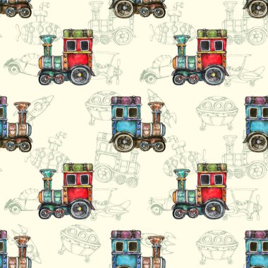 Suluboya el sanatsal retro steampunk araç vintage dikişsiz desen çizdi