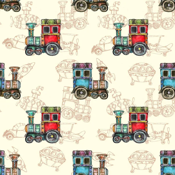 Watercolor Hand Drawn Artistic Retro Steampunk Vehicle Vintage Seamless Pattern — Stock Photo, Image