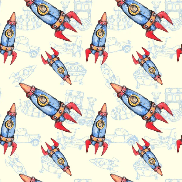 Watercolor Hand Drawn Artistic Retro Steampunk Vehicle Vintage Seamless Pattern — 스톡 사진