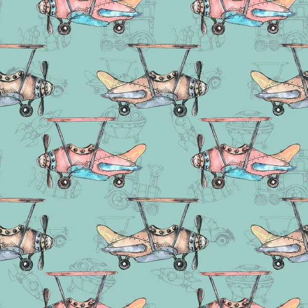 Watercolor Hand Drawn Artistic Retro Steampunk Vehicle Vintage Seamless Pattern — Stock Photo, Image