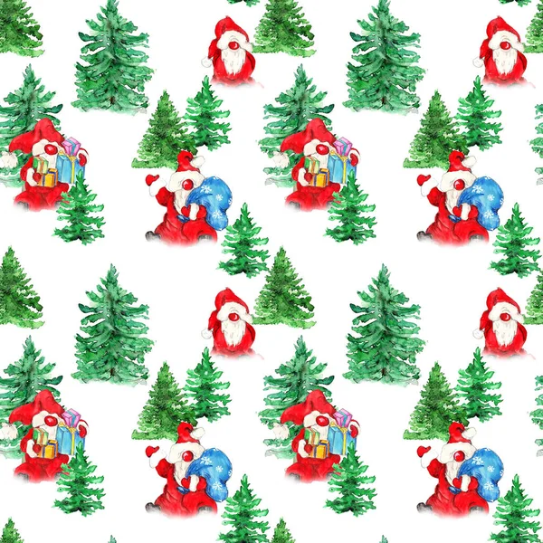 Watercolor Hand Drawn Norwegian Cute Santa Gnomes Forest Christmas Seamless — 图库照片