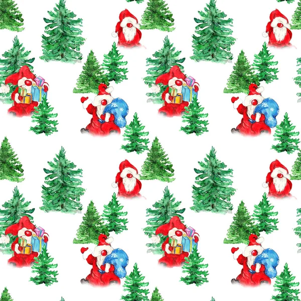 Watercolor Hand Drawn Norwegian Cute Santa Gnomes Forest Christmas Seamless — Stockfoto