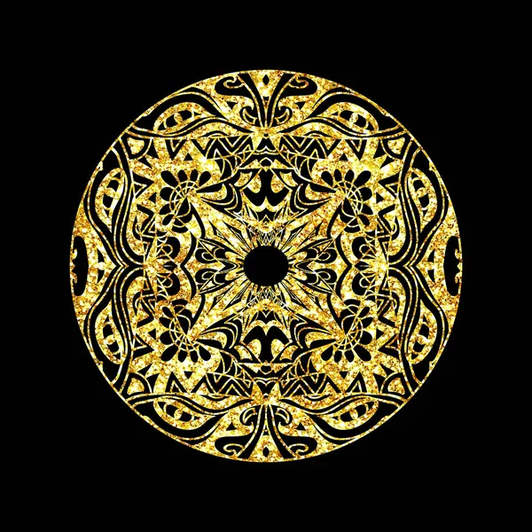 Glitter hand drawn artistic oval shaped   mandala sparkling object isolated on black background — Stock Photo, Image