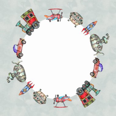 El çizimi sanatsal çizim çizimi sanat retro steampunk araç çerçeve vintage tebrik kartı düzenleme şablonu metin alanı