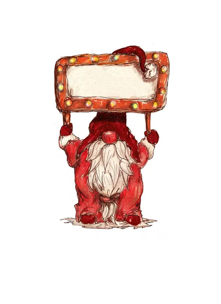 Aquarelle Dessinée Main Norvégien Mignon Santa Gnome Avec Bannière Isolée — Photo