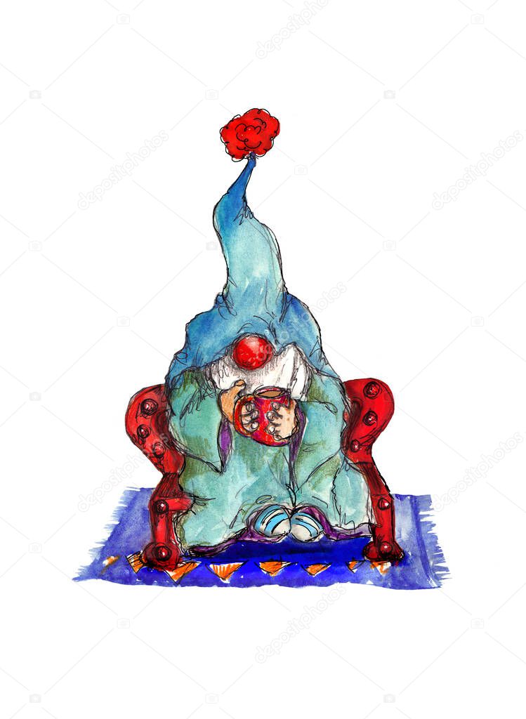 Watercolor hand drawn Norwegian cute Santa gnome With cup of coffee  isolated on white background