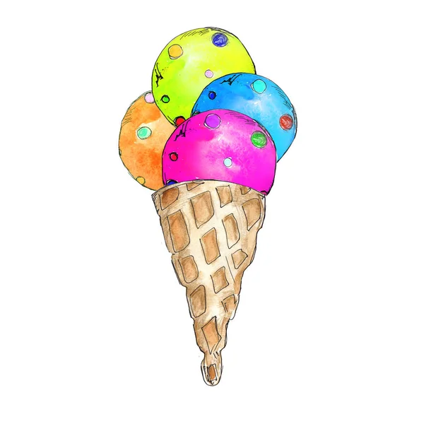 Watercolor Cone Ice Cream Icon Isolated White Background — Stock Photo, Image