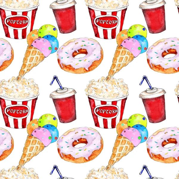 Watercolor fast food icons set seamless pattern