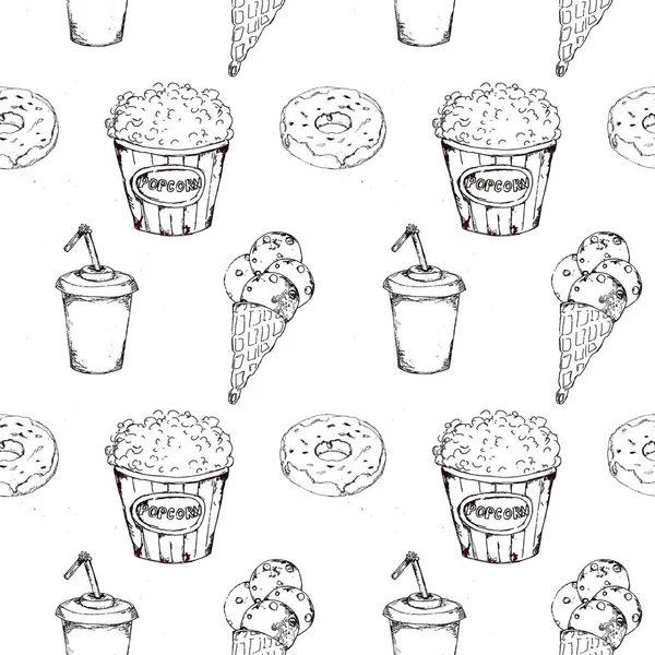 Monochrome Fast Food Icons Set Seamless Pattern — Stock Photo, Image