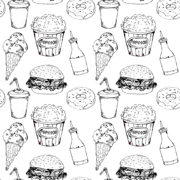 Monochromatyczne Ikony Fast Food Zestaw Płynny Wzór — Zdjęcie stockowe