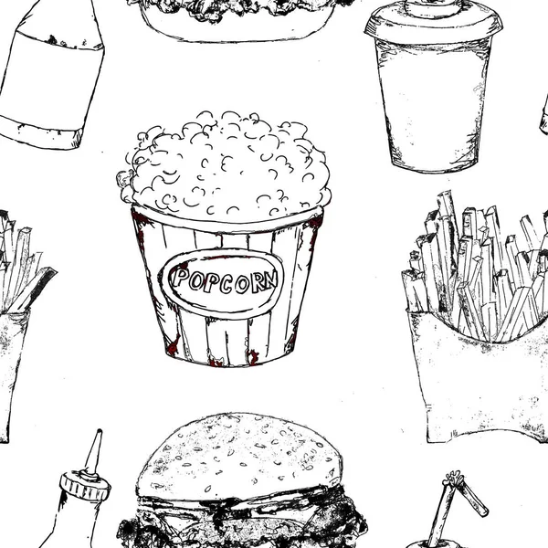 Monochrome fast food icons set seamless pattern