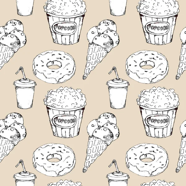 Monochrome fast food icons set seamless pattern