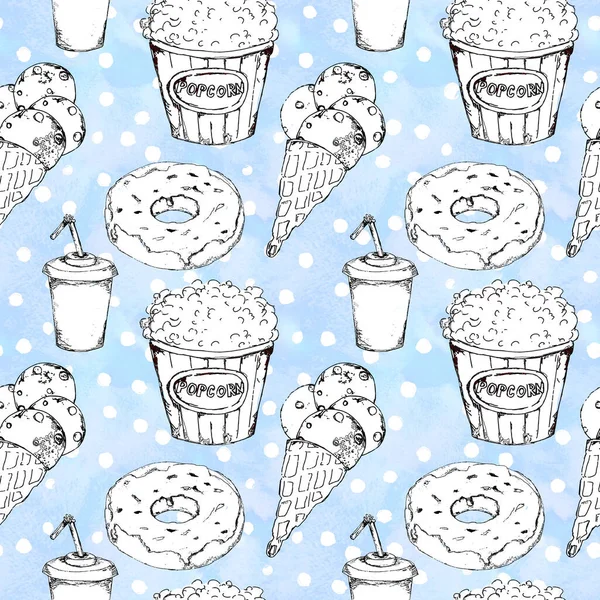 Monochrome fast food icons set seamless pattern