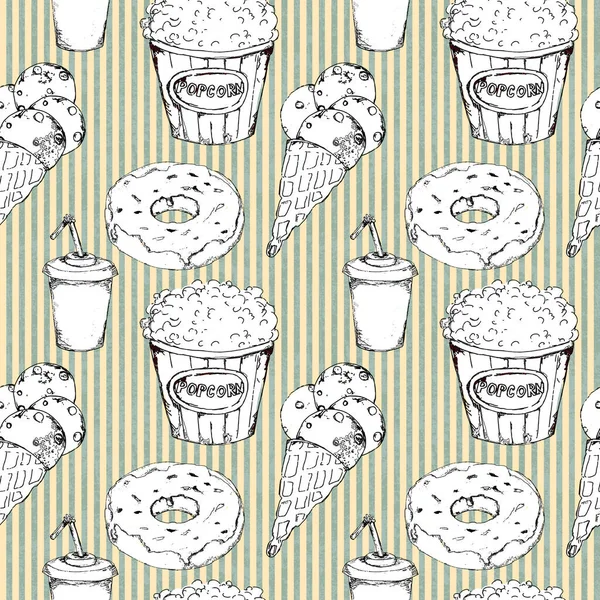 Monochrome fast food icons set seamless pattern