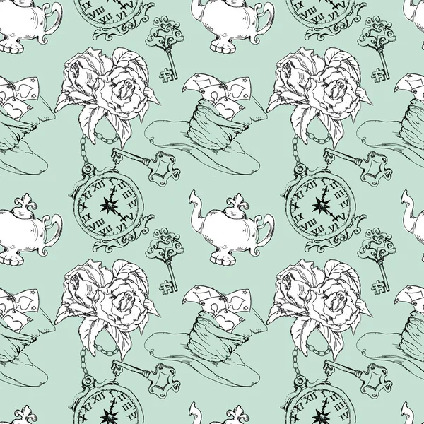 Alice Wonderland Sketched Seamless Pattern Coloring Page Isolated — Stock Photo, Image