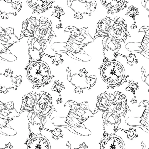 Alice Wonderland Sketched Seamless Pattern Coloring Page Isolated — Stock Photo, Image