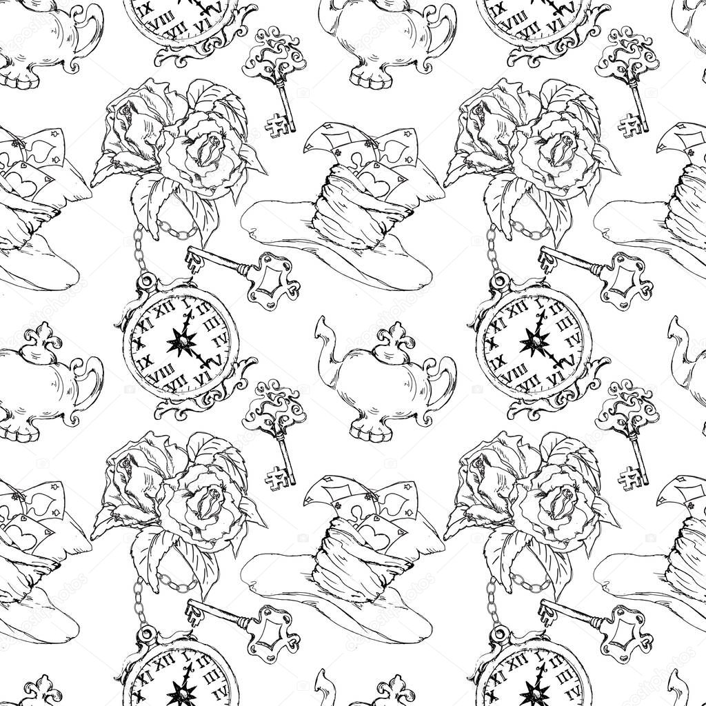 Alice in Wonderland sketched seamless pattern coloring page  isolated 