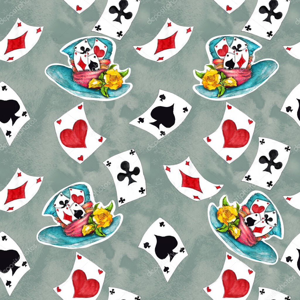 Alice in Wonderland cute watercolor objects set seamless pattern 