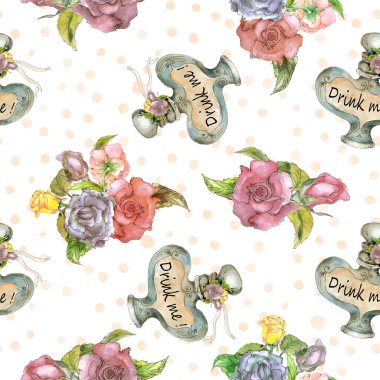  Alice Harikalar Diyarında tatlı suluboya nesneler kusursuz desen oluşturdu