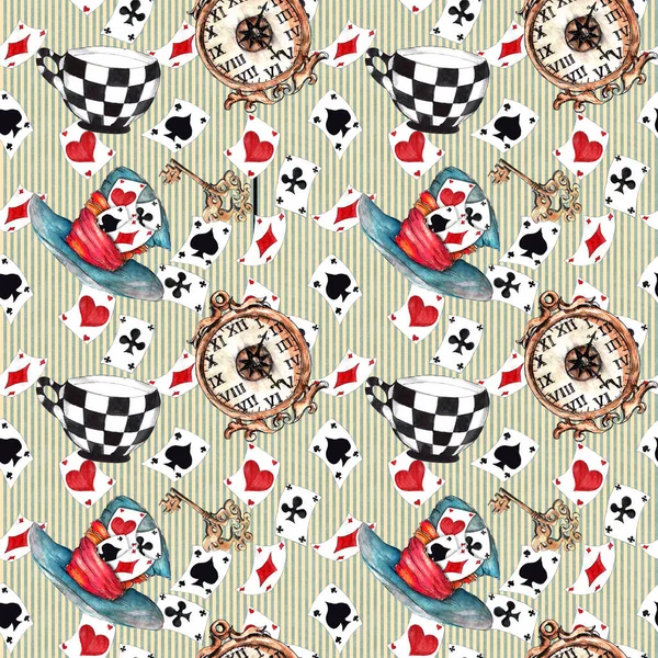 Alice Wonderland Schattig Aquarel Objecten Ingesteld Naadloos Patroon — Stockfoto