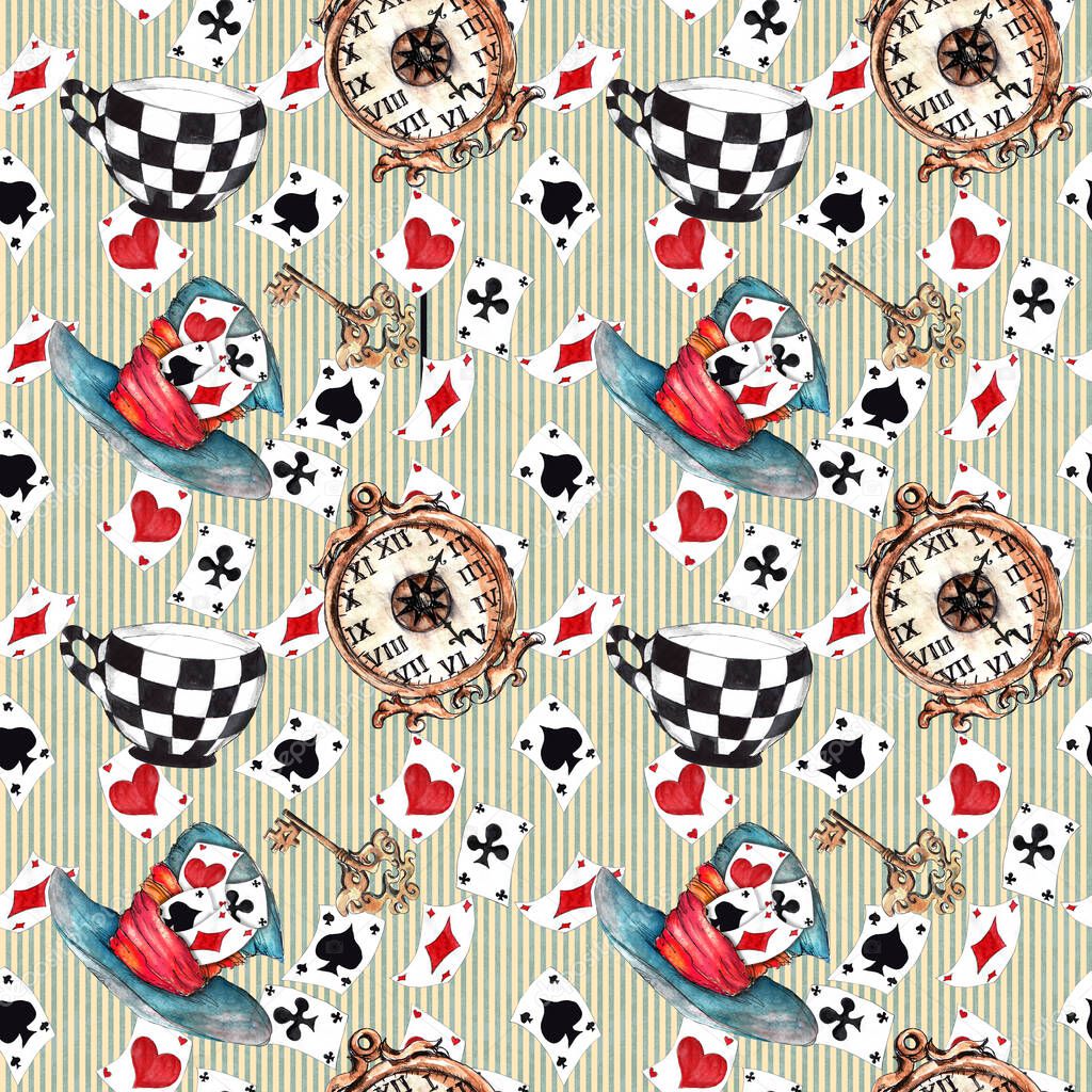  Alice in Wonderland cute watercolor objects set seamless pattern