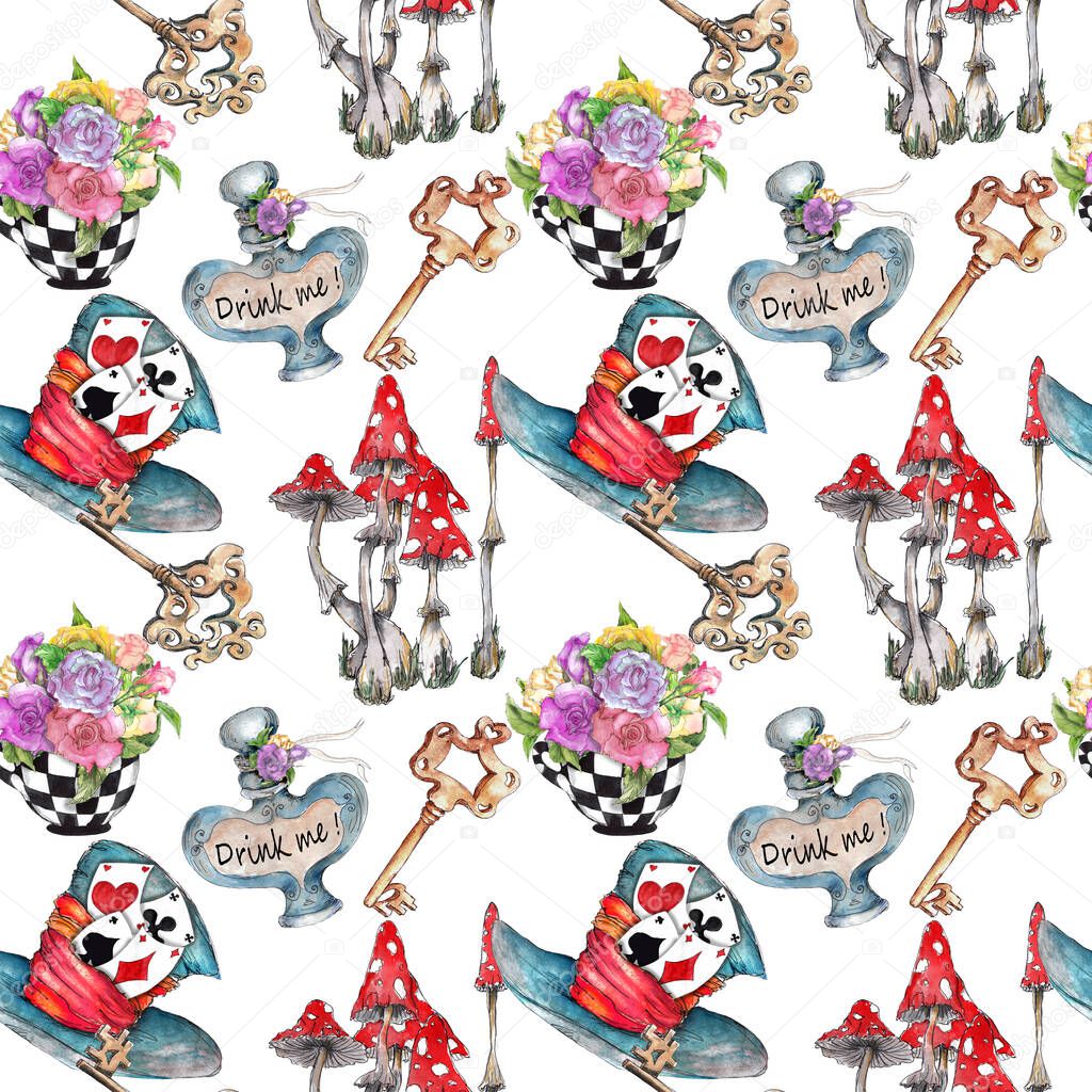  Alice in Wonderland cute watercolor objects set seamless pattern