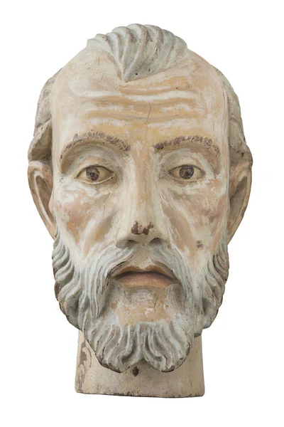 Antike Holzpuppe Kopf auf weißem Hintergrund — Stockfoto