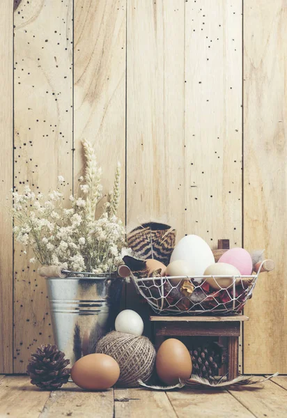 Ester background with colorful easter eggs, vintage filter image