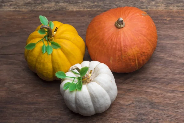 harvest of orange raw pumpkins harvest on table, top view