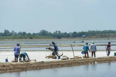 PETCHABURI - MAR 31: Workers are helping to transport salt from salt field. Ban Laem, Phetchaburi, Thailand on March 31, 2017.