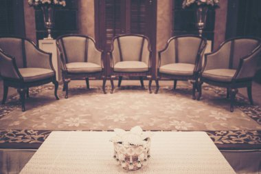 Düğün töreni, vintage filtre görüntü için ahşap masa