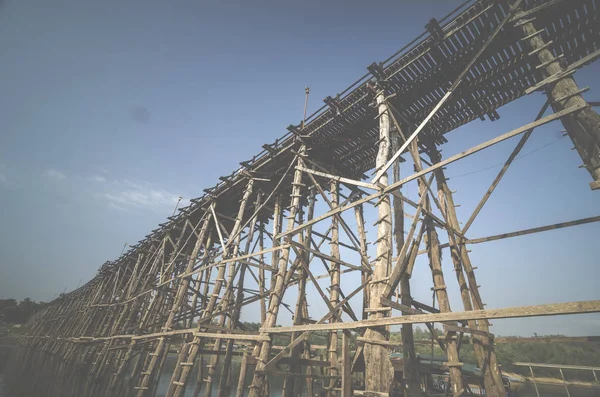 Długi Drewniany Most Sangklaburi Tajlandia Vintage Filtr Obrazu — Zdjęcie stockowe