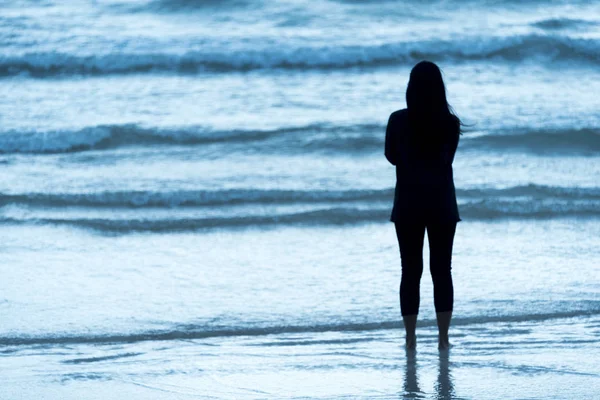 Stock image rear view of woman silhouette on beach 