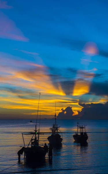 Matin Vie Marine Avec Bateau Pêcheur Lever Soleil — Photo