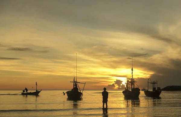 Matin Vie Marine Avec Bateau Pêcheur Lever Soleil — Photo