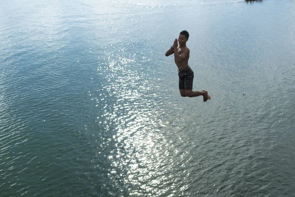 November 2016 Shows Young Man Jumped River Thailand Sangkhlaburi Wooden Stock Picture