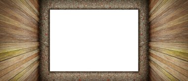 Oda iç vintage tuğla duvar, ahşap zemin ve beyaz boş afiş arka plan