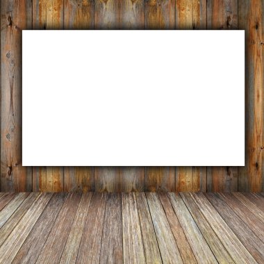 Oda iç vintage tuğla duvar, ahşap zemin ve beyaz boş afiş arka plan