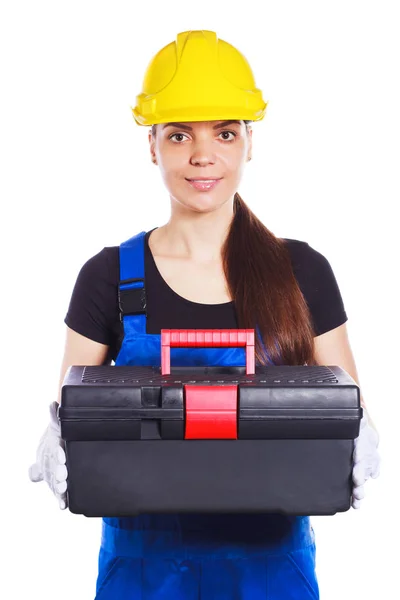 Femme constructeur dans l'uniforme avec une boîte à outils — Photo