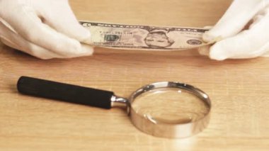 Beş dolar bill Büyüteç aracılığıyla kadın bakar