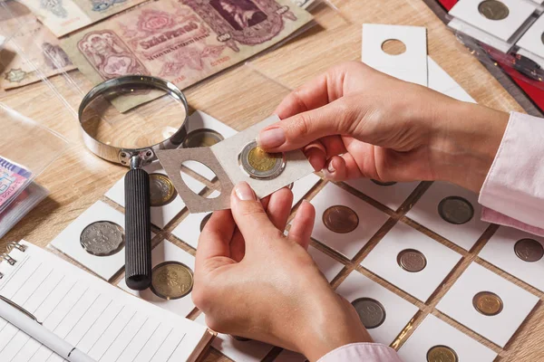 Mujer mira la moneda del coleccionista —  Fotos de Stock
